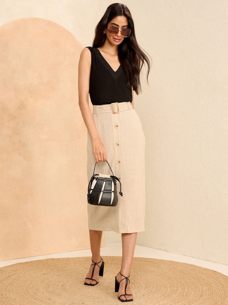 Love & Roses Neutral Tailored Pinstripe Belted Button Through Midi Skirt With Linen - Image 4 of 4