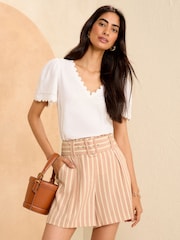 Love & Roses Pink Stripe Tailored Belted Shorts With Linen - Image 1 of 4