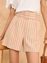Love & Roses Pink Stripe Tailored Belted Shorts With Linen - Image 2 of 4