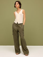 Khaki Green Linen Blend Cargo Wide Leg Trousers - Image 1 of 6