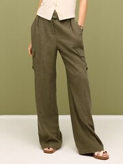 Khaki Green Linen Blend Cargo Wide Leg Trousers - Image 2 of 6