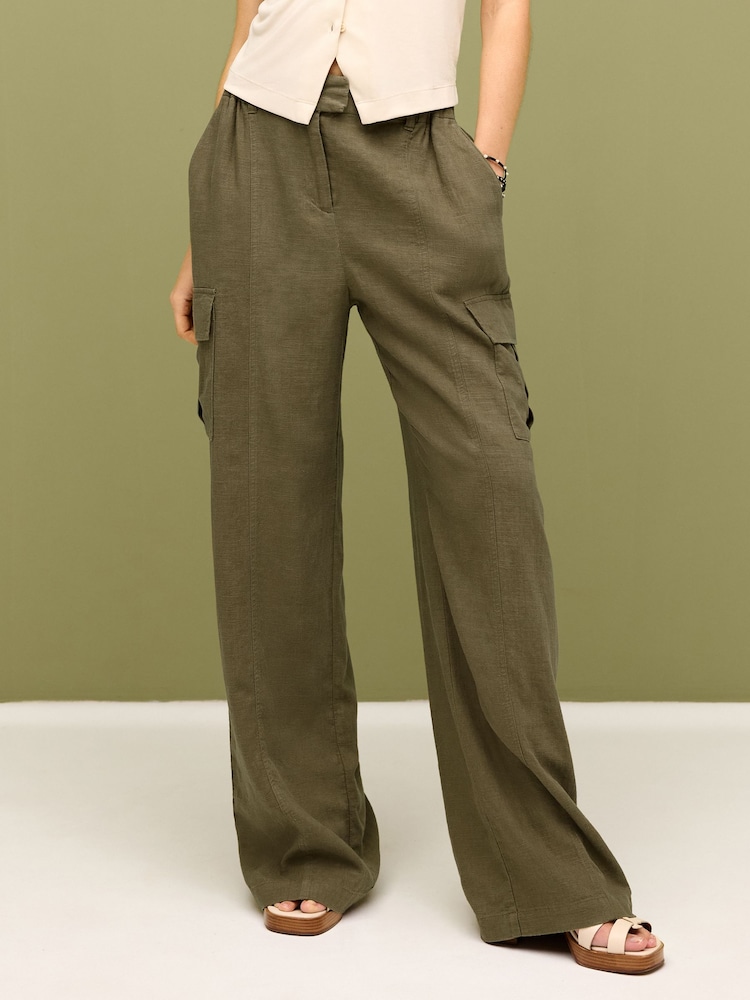 Khaki Green Linen Blend Cargo Wide Leg Trousers - Image 2 of 6