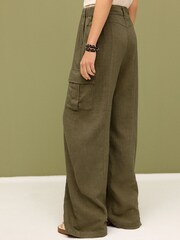 Khaki Green Linen Blend Cargo Wide Leg Trousers - Image 3 of 6