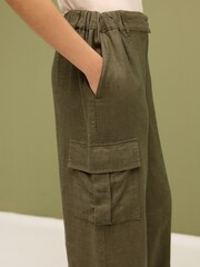 Khaki Green Linen Blend Cargo Wide Leg Trousers - Image 4 of 6