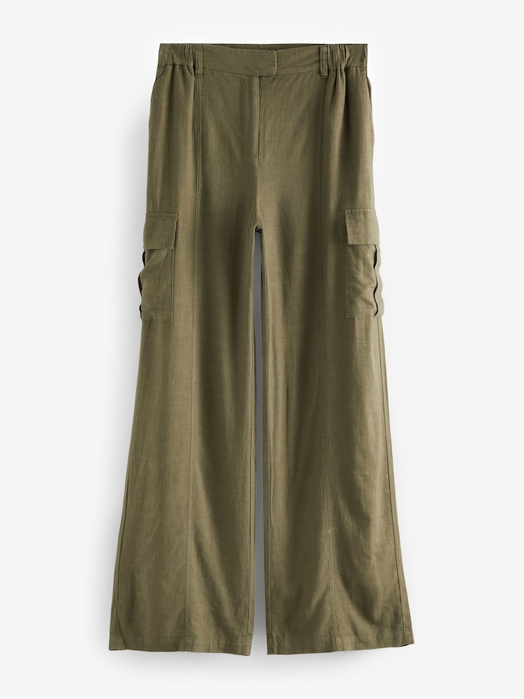 Khaki Green Linen Blend Cargo Wide Leg Trousers - Image 5 of 6