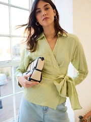 Sage Green Crinkle Long Sleeve Wrap Shirt - Image 1 of 6