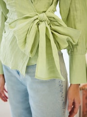 Sage Green Crinkle Long Sleeve Wrap Shirt - Image 4 of 6
