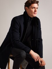 Ted Baker Blue Ederson Wool Blend Funnel Neck Coat - Image 3 of 6