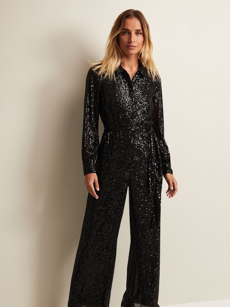 Phase Eight Alessandra Sequin Shirt Black Jumpsuit - Image 1 of 7