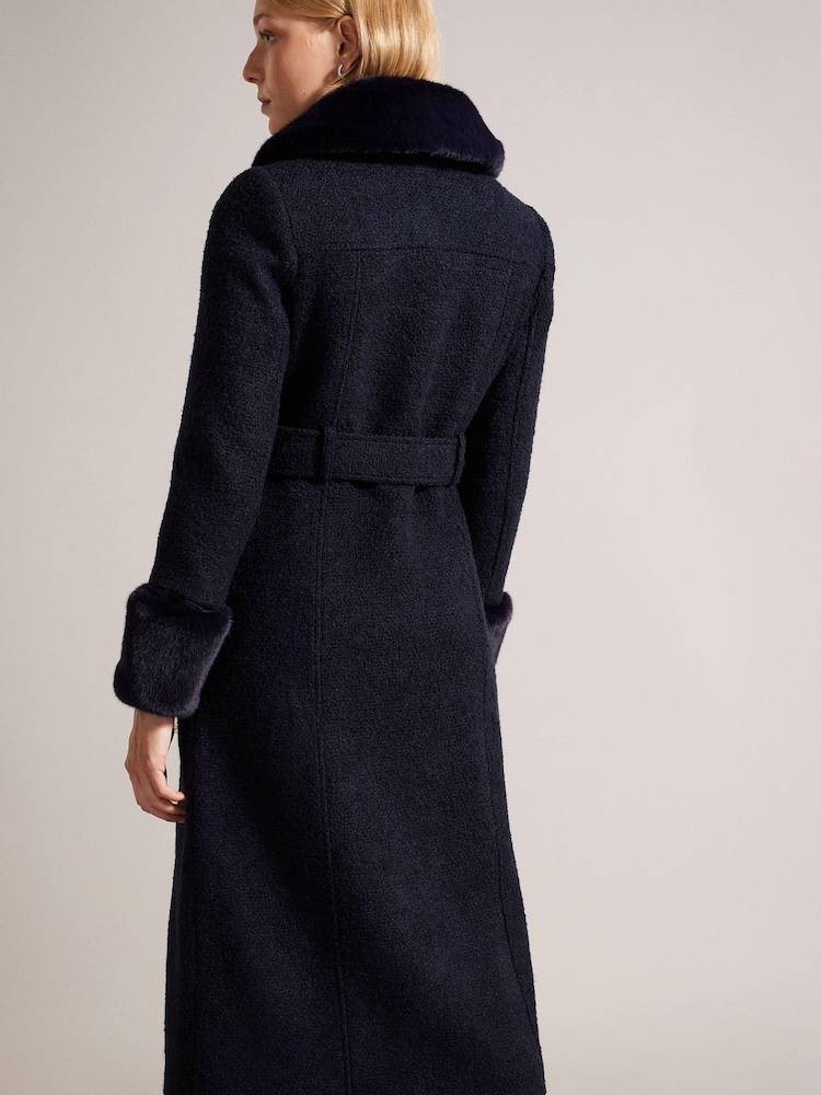 Ted Baker Slim Fit Lyddiia Blue Coat With Faux Fur Collar And Cuffs - Image 2 of 6
