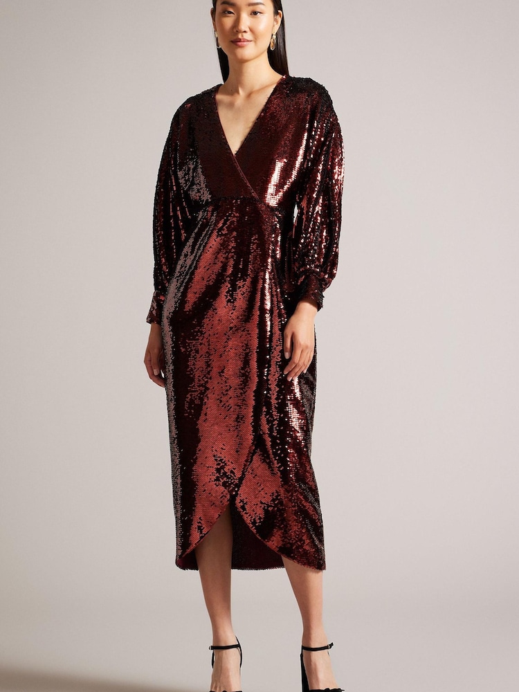 Ted Baker Red Emaleee Plunge Neck Sequin Midi Dress - Image 1 of 5