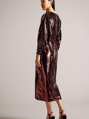 Ted Baker Red Emaleee Plunge Neck Sequin Midi Dress - Image 2 of 5