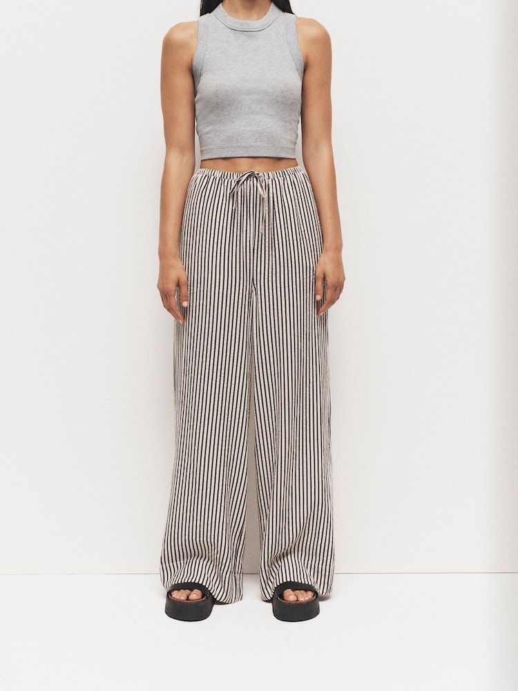 Black and White Textured Stripe Wide Leg Trousers - Image 2 of 6
