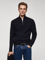 Mango Blue Long Sleeved Zip Up Neck Jumper - Image 1 of 1