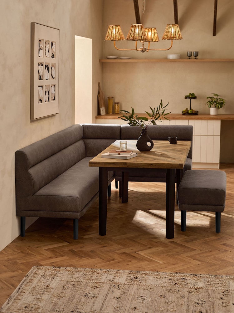 Monza Faux Leather Peppercorn Brown Bronx Left Hand Dining Table And 8 Seater Corner Bench Set - Image 1 of 13