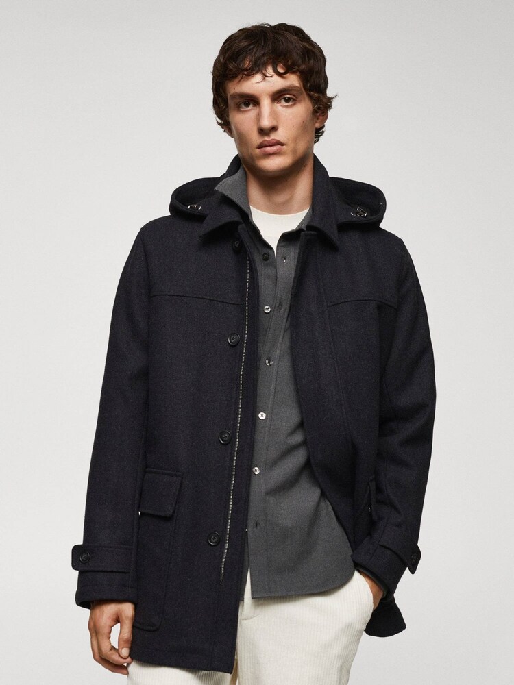 Mango Black Wool Mix Coat with Hood - Image 1 of 7