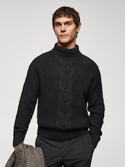Mango Charcoal Grey Long Sleeved Roll Neck Cable Knit Jumper - Image 1 of 6