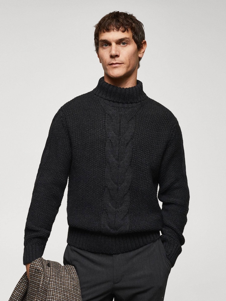 Mango Charcoal Grey Long Sleeved Roll Neck Cable Knit Jumper - Image 1 of 6