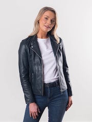 Lakeland Leather Blue Nateby Centre Zip Leather Biker Jacket - Image 7 of 13