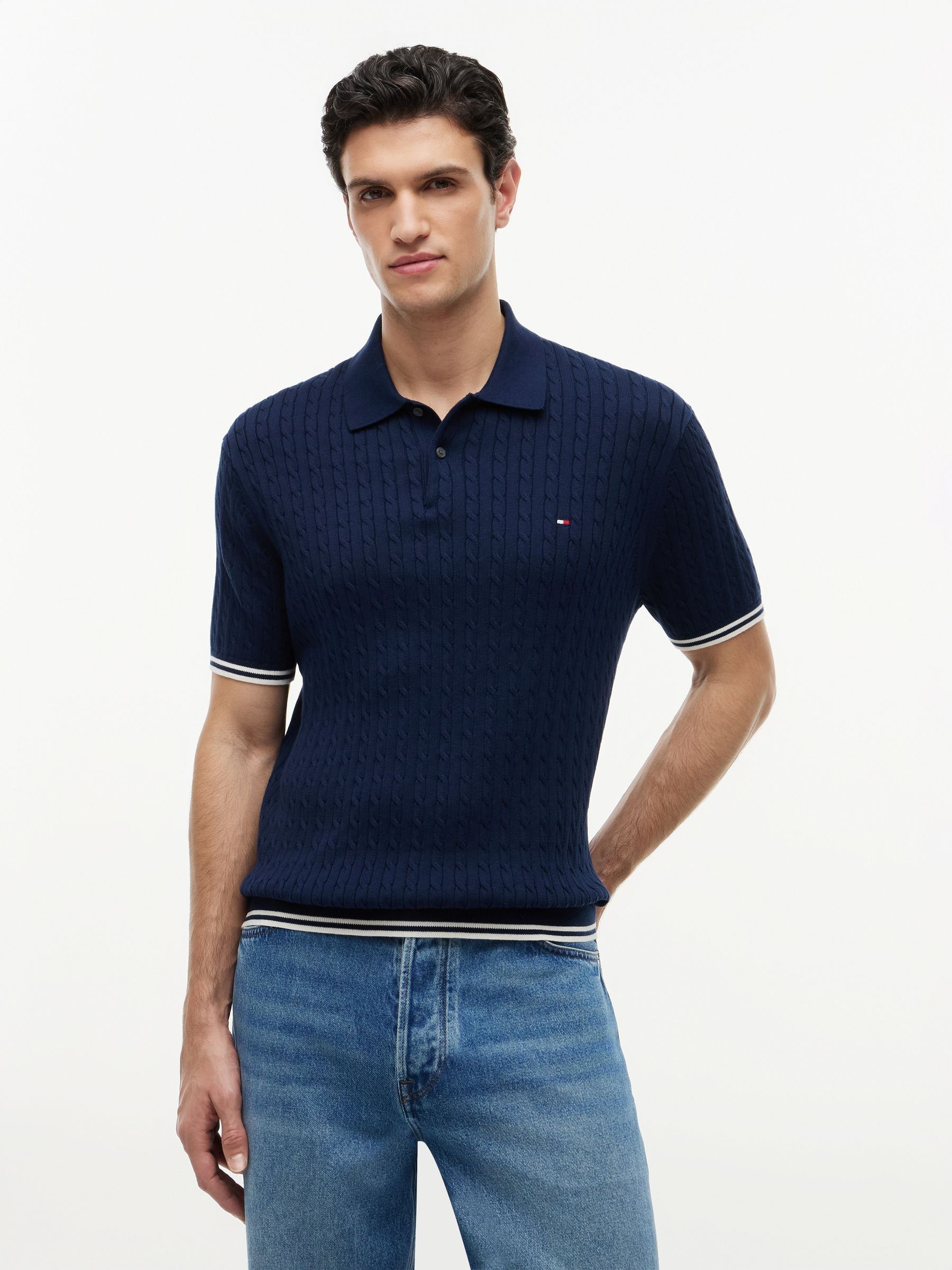 Next：日本 ブルー - Tommy Hilfiger ケーブルニット 半袖 ポロ