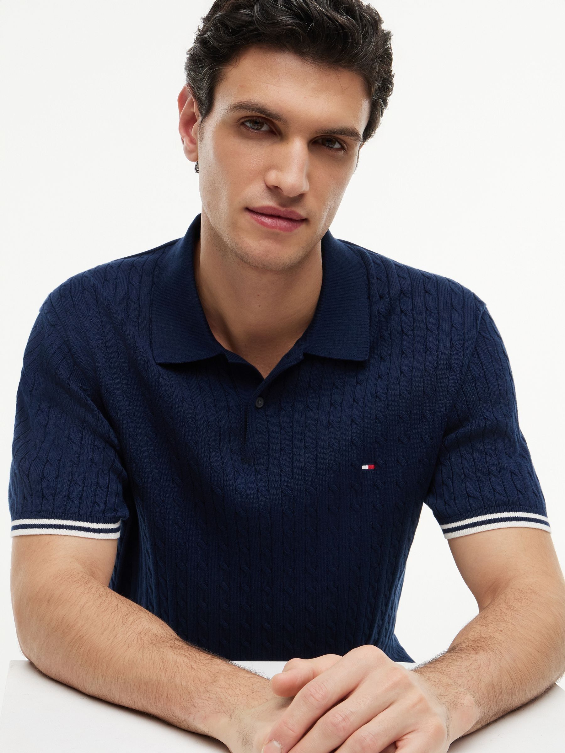 Next：日本 ブルー - Tommy Hilfiger ケーブルニット 半袖 ポロ