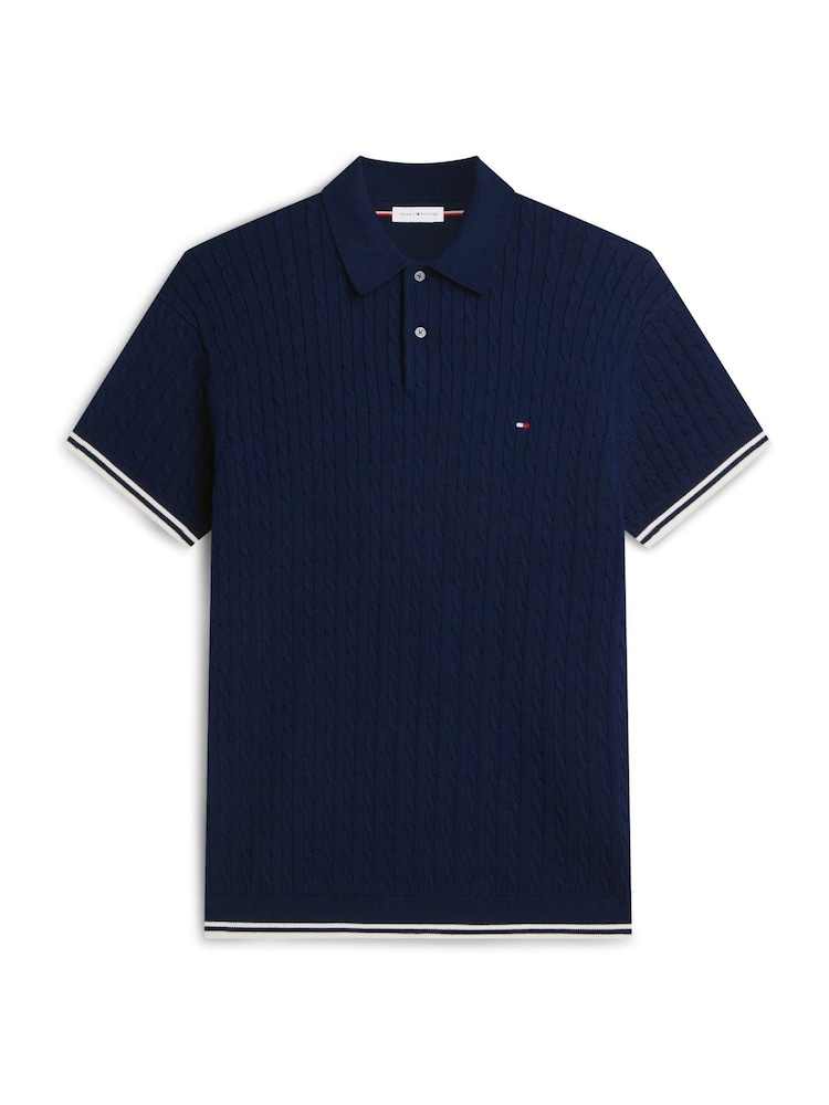 Tommy Hilfiger Blue Cable Knit Short Sleeve Polo Jumper - Image 5 of 5