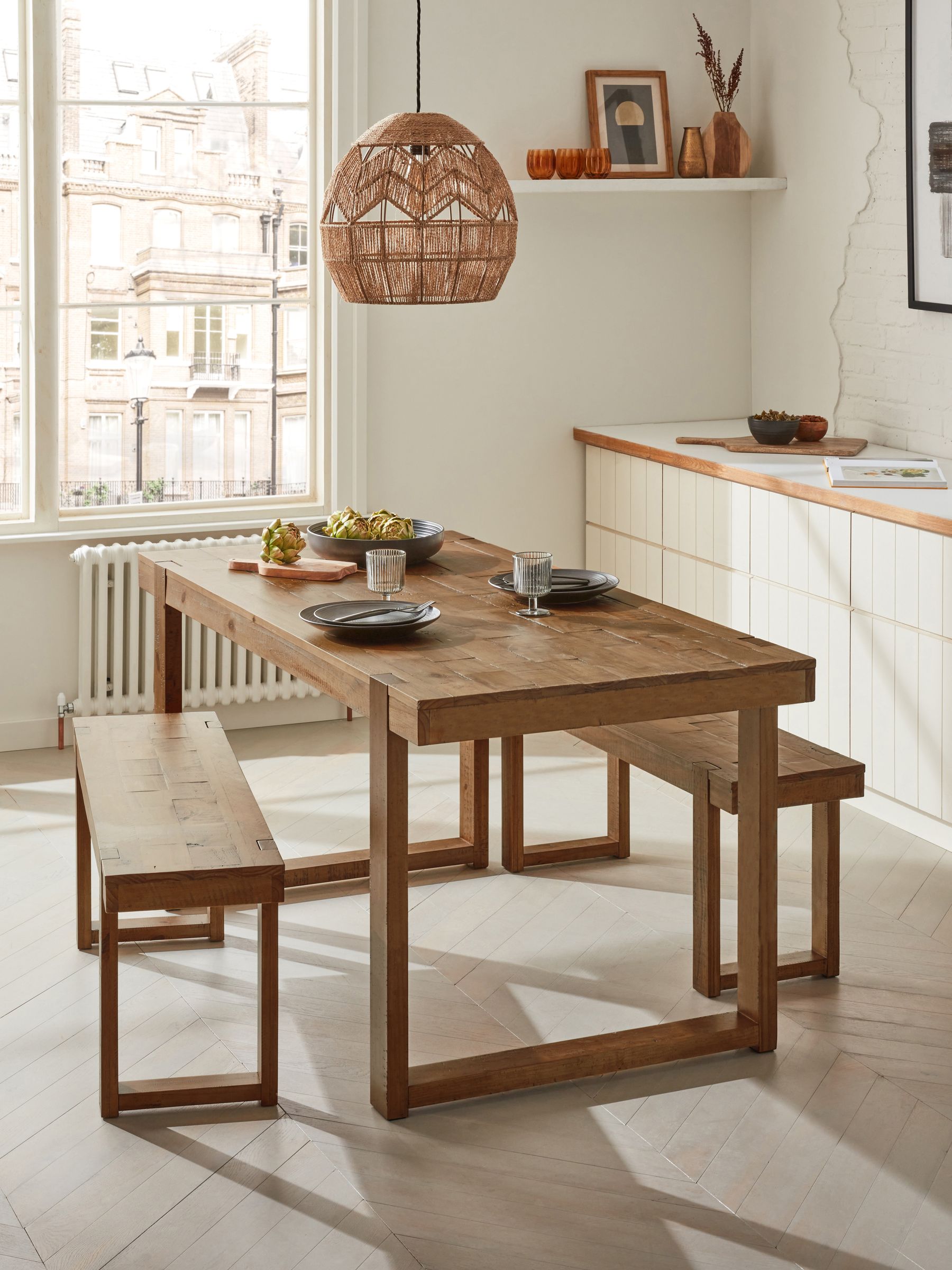 Natural Jefferson Pine 4 Seater Dining Table and Bench Set
