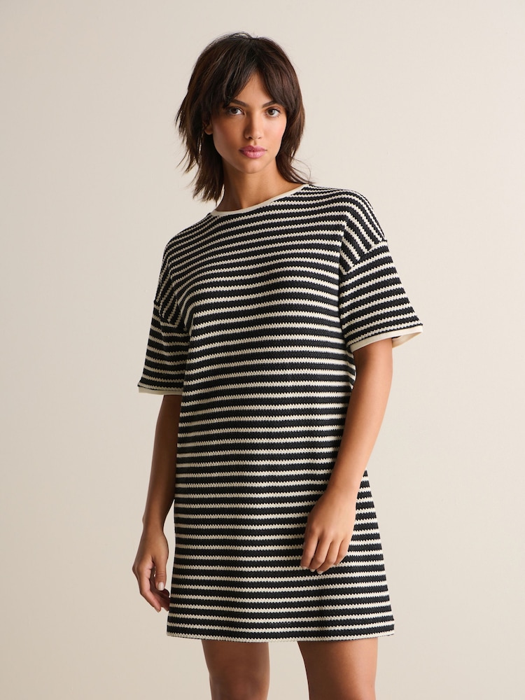 Black/White Mono Stripe Crochet Boxy T-Shirt Dress - Image 1 of 6