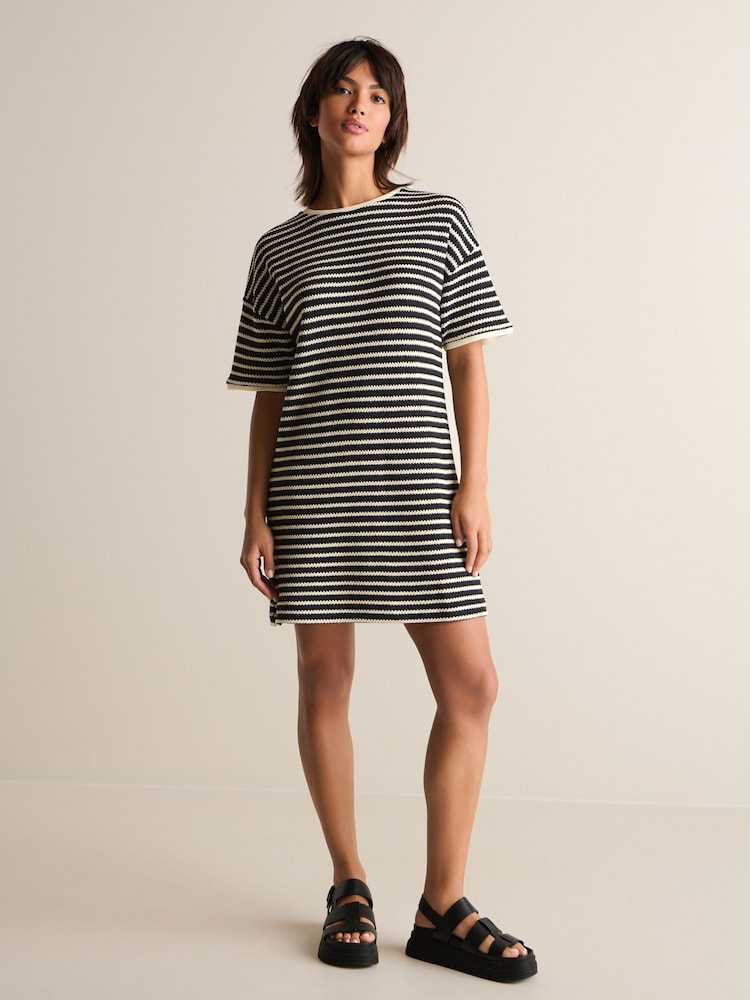Black/White Mono Stripe Crochet Boxy T-Shirt Dress - Image 2 of 6