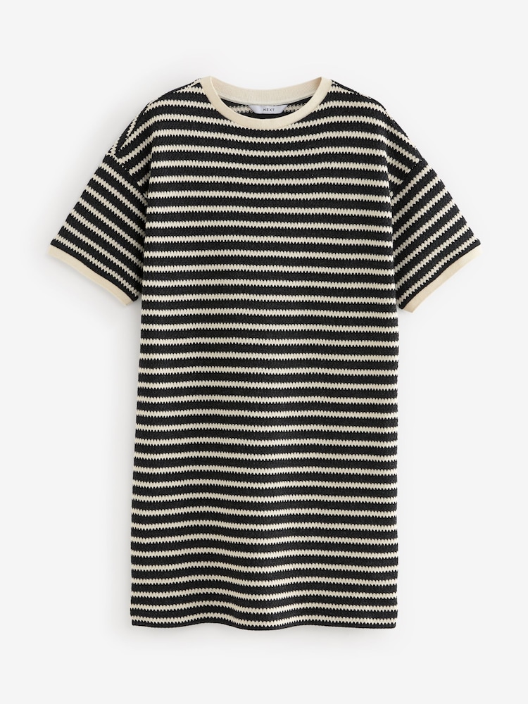 Black/White Mono Stripe Crochet Boxy T-Shirt Dress - Image 5 of 6