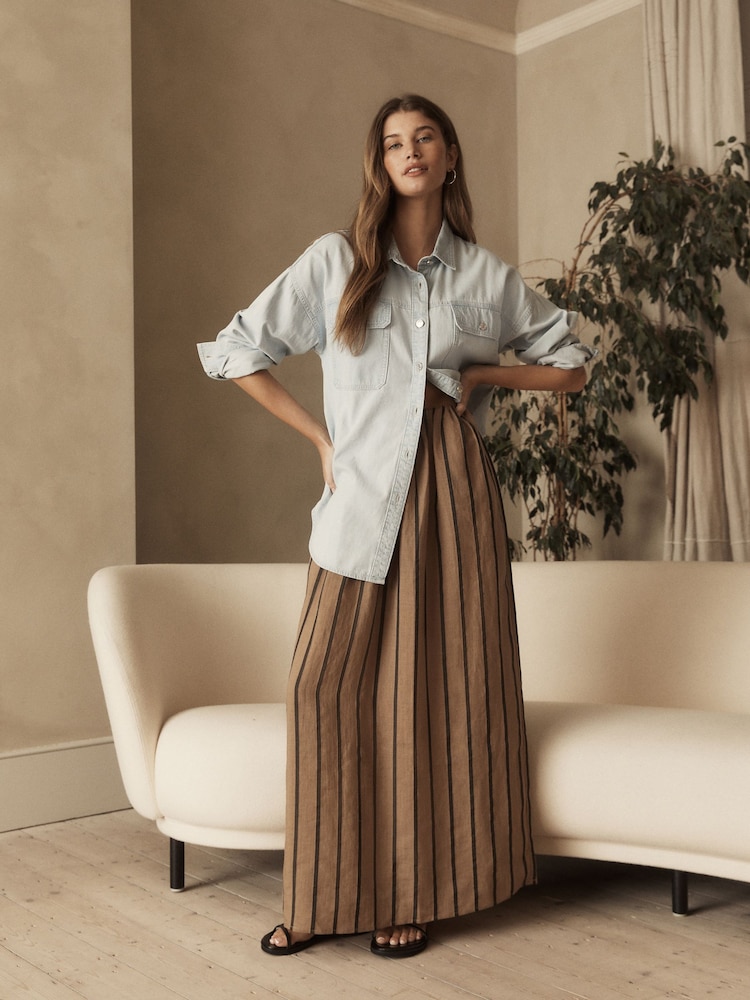 Brown Premium Ramie Blend Stripe Midi Skirt - Image 2 of 6