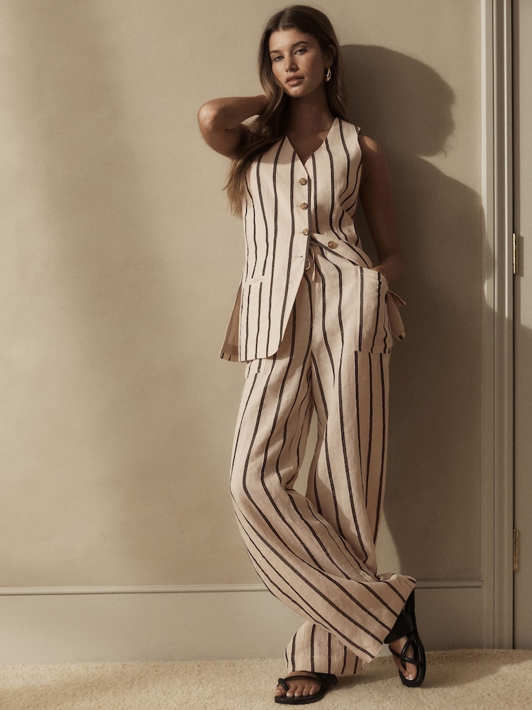 Ecru Ramie Blend Wide Leg Stripe Trousers - Image 1 of 7