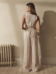Ecru Ramie Blend Wide Leg Stripe Trousers - Image 3 of 7