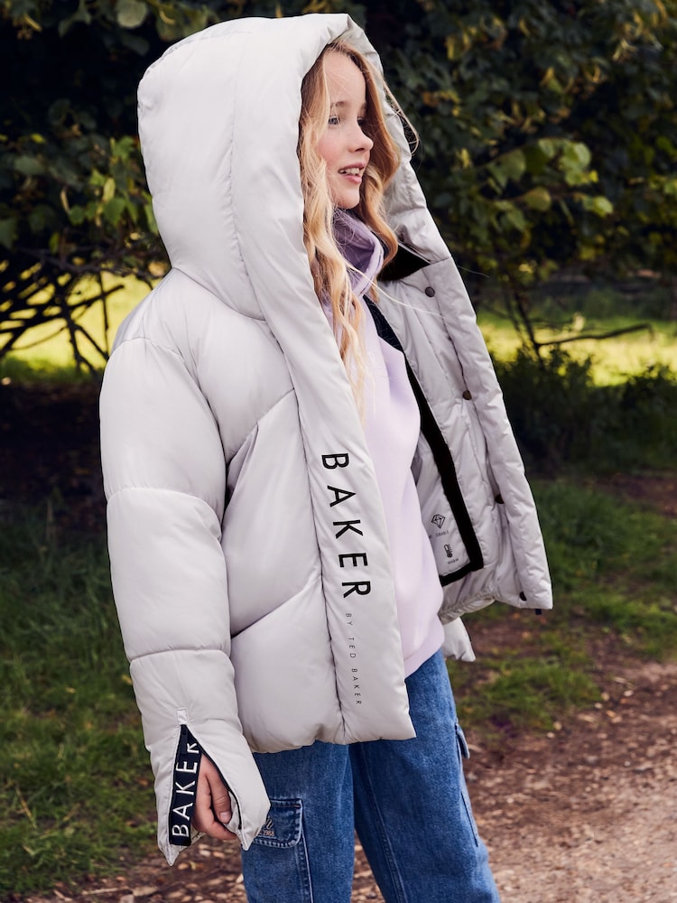 Baker by Ted Baker Shower Resistant Silver Pearl Branded Padded Coat - Image 2 of 11