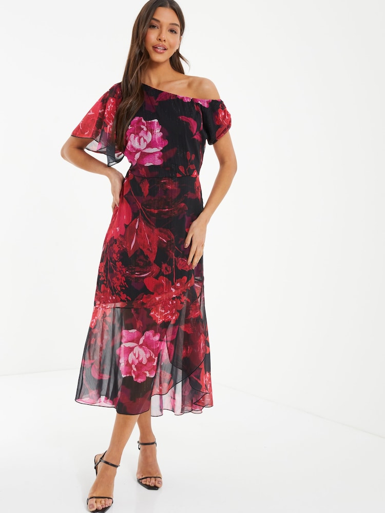 Quiz Red Chiffon Floral Print Asymmetric Dress - Image 1 of 4