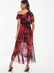 Quiz Red Chiffon Floral Print Asymmetric Dress - Image 2 of 4