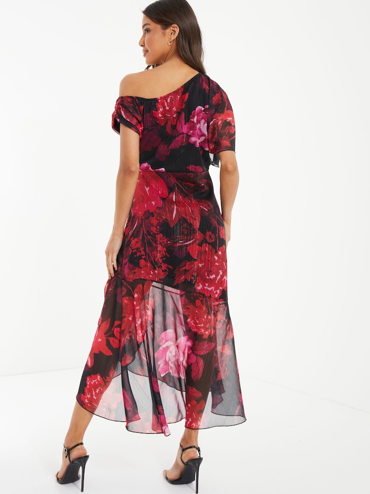 Quiz Red Chiffon Floral Print Asymmetric Dress - Image 2 of 4
