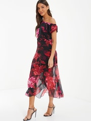 Quiz Red Chiffon Floral Print Asymmetric Dress - Image 3 of 4
