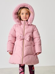 Baker by Ted Baker Shower Resistant Pink Bow Belted Padded Coat - Image 1 of 15