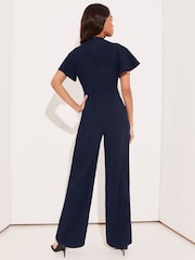 Lipsy Navy Blue Flutter Sleeve V Neck Tie Front Wide Leg Jumpsuit - Image 2 of 4