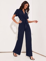 Lipsy Navy Blue Flutter Sleeve V Neck Tie Front Wide Leg Jumpsuit - Image 3 of 4
