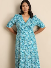 Live Unlimited Blue Ditsy Print Jersey Ruched Sleeve Wrap Dress - Image 4 of 7