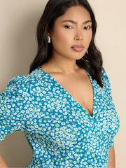 Live Unlimited Blue Ditsy Print Jersey Ruched Sleeve Wrap Dress - Image 6 of 7