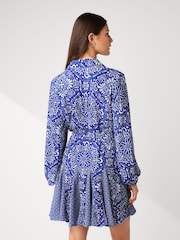 Blue/White Tile Print Mini Belted Shirt Dress - Image 2 of 5