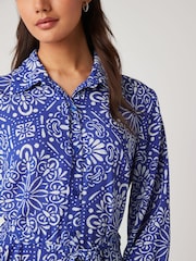 Blue/White Tile Print Mini Belted Shirt Dress - Image 3 of 5