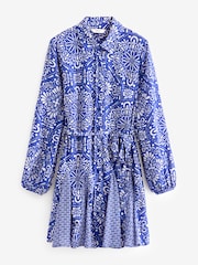 Blue/White Tile Print Mini Belted Shirt Dress - Image 4 of 5
