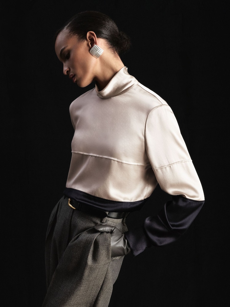 Γκρι/Μπλε - Atelier Silk Colour-Block High-Neck Blouse - Εικόνα 1 από 7