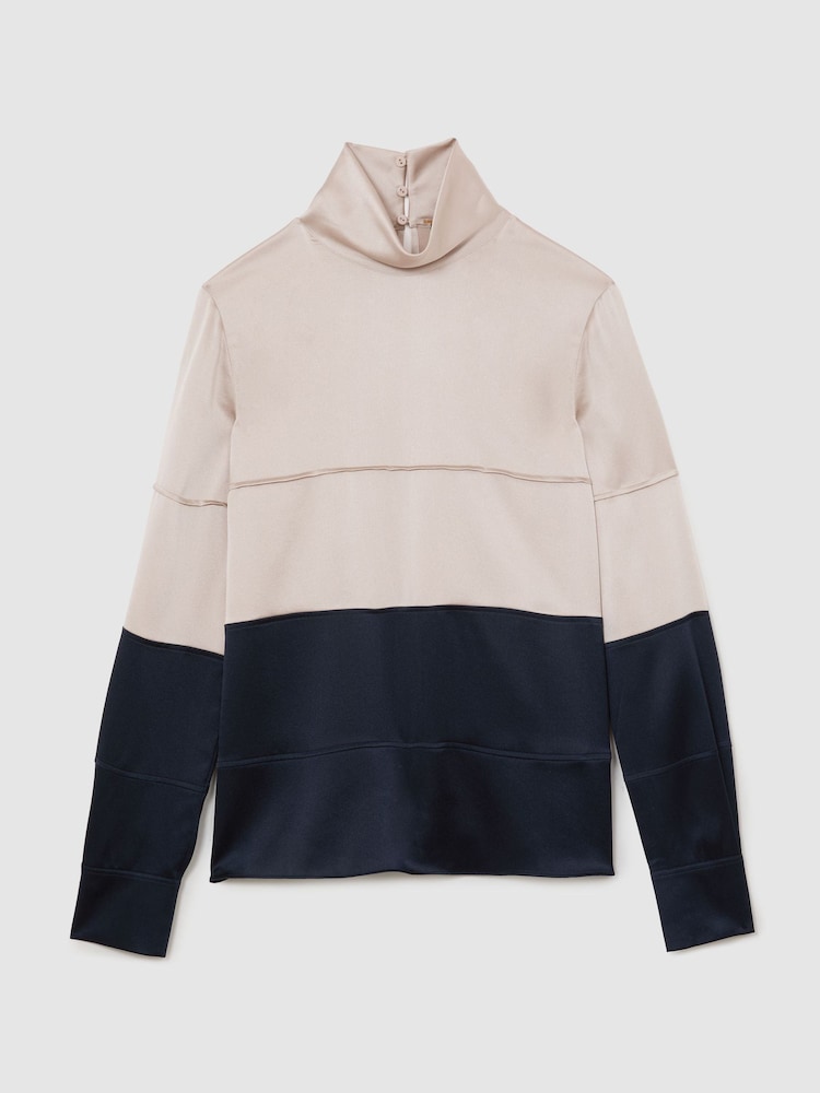 Γκρι/Μπλε - Atelier Silk Colour-Block High-Neck Blouse - Εικόνα 2 από 7