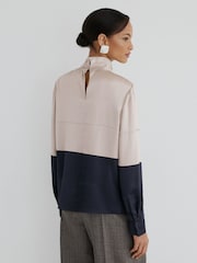 Γκρι/Μπλε - Atelier Silk Colour-Block High-Neck Blouse - Εικόνα 6 από 7