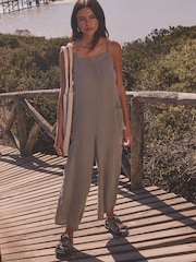 Taupe Premium 100% Linen Romper Wide Leg Jumpsuit - Image 1 of 7